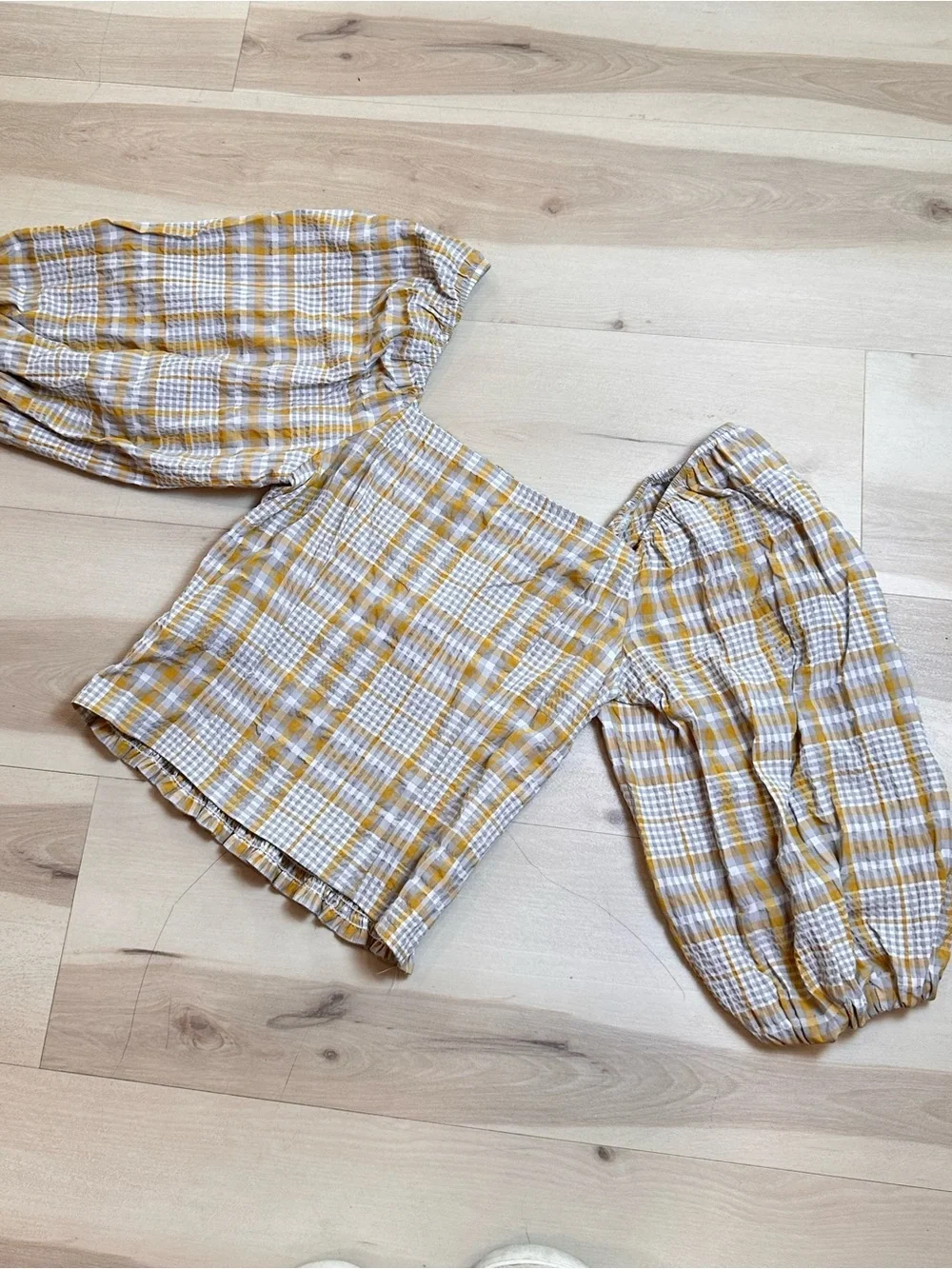 Anthropologie Maeve Plaid Square-Neck Blouse Sz M puff sleeves Casual Travel